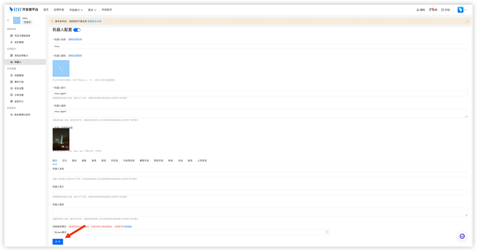 Fill in the bot configuration and publish